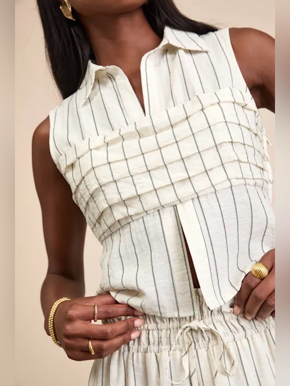 NWT Lulu's Light Beige Striped Pleated Linen and Cotton Collared Top - Medium